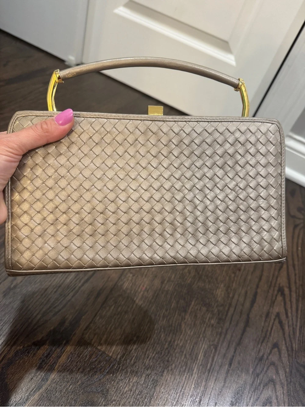 Vintage Ganson Metallic Woven Top Handle Clutch Purse Champagne Gold Evening Bag